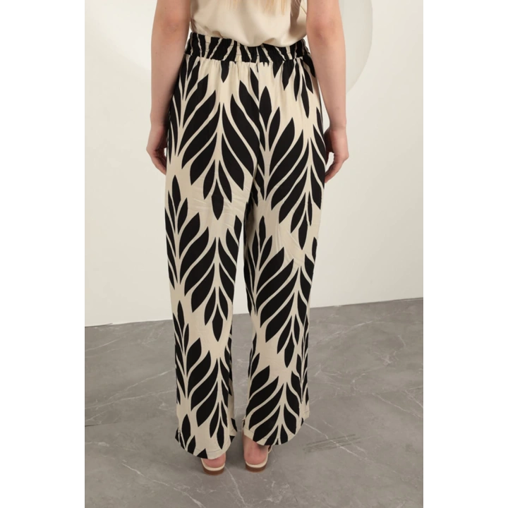 Viskon Kumaş Yaprak Desen Pantolon-Siyah