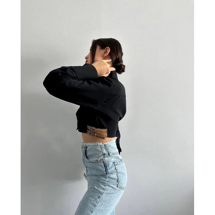 Yanı kemer detaylı crop gömlek siyah s4009