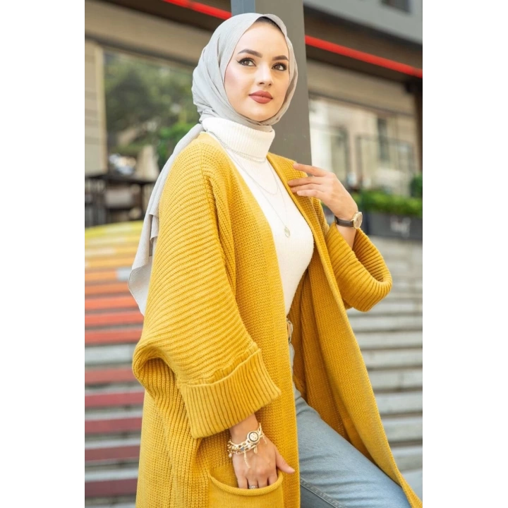 Yarasa kol uzun triko hırka hardal