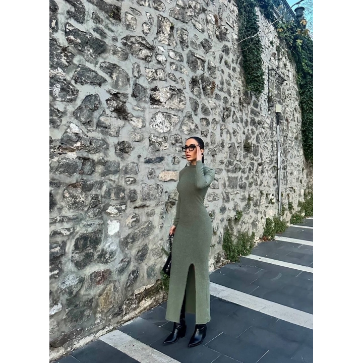 Yırtmaçlı kalın bürümcük uzun elbise Yeşil