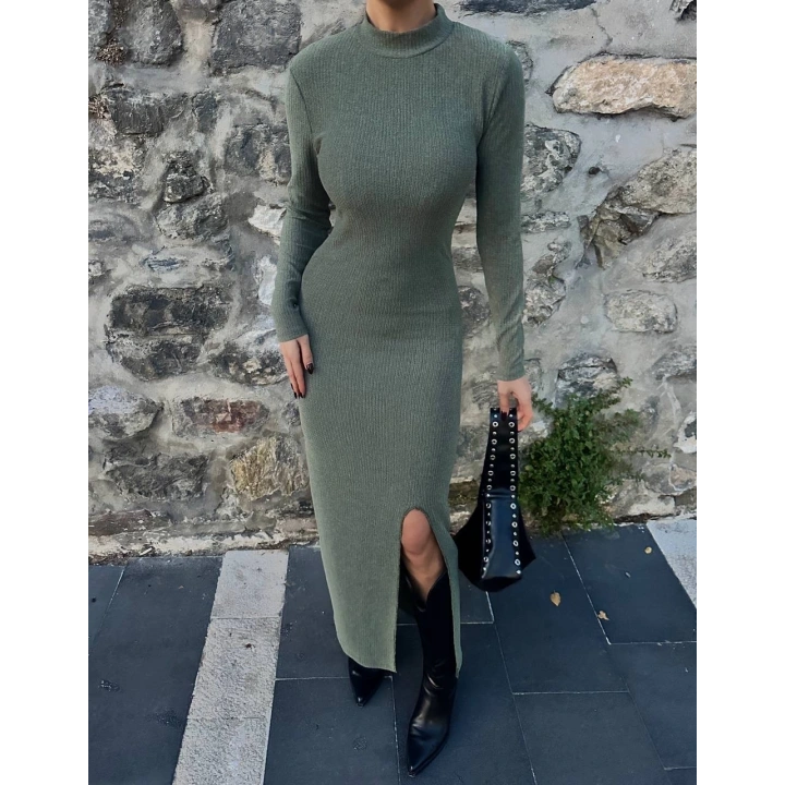 Yırtmaçlı kalın bürümcük uzun elbise Yeşil