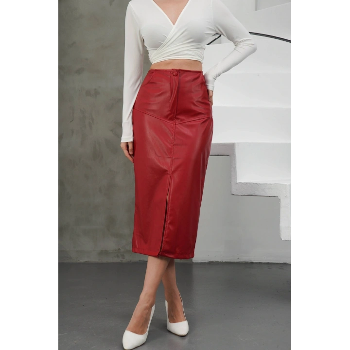 Yırtmaçlı uzun deri etek bordo