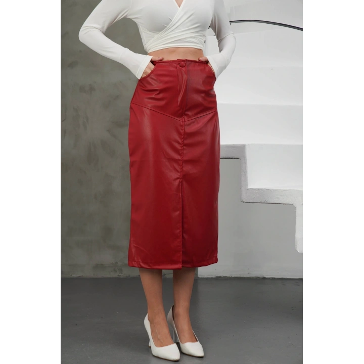 Yırtmaçlı uzun deri etek bordo