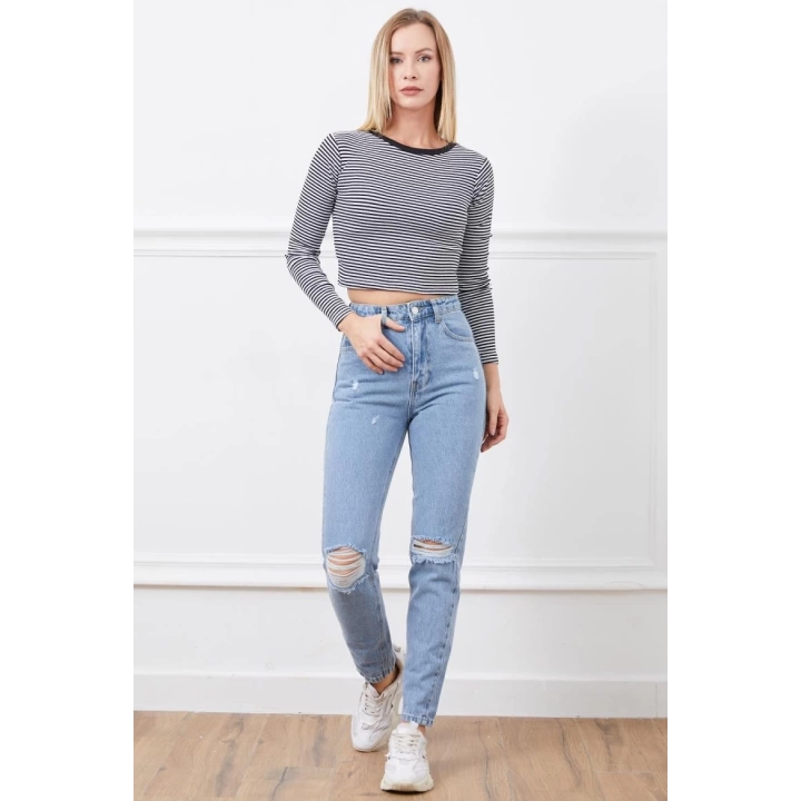 Yüksek bel yırtmaçlı mom jean pantolon