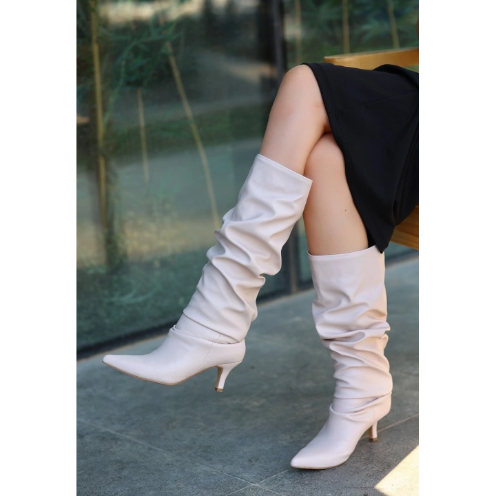 Zelya Bej Cilt Topuklu Çizme