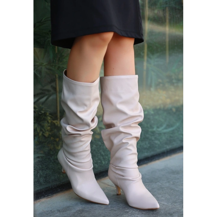 Zelya Bej Cilt Topuklu Çizme