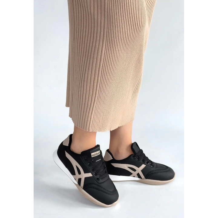 Zlay Siyah Cilt Bej Detaylı Bağcıklı Spor Ayakkabı