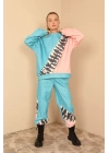 3 İplik Kumaş Uzun Kol Oversize/Salaş Zebra Desen Kadın Takım-Mavi