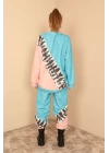 3 İplik Kumaş Uzun Kol Oversize/Salaş Zebra Desen Kadın Takım-Mavi