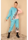 3 İplik Kumaş Uzun Kol Oversize/Salaş Zebra Desen Kadın Takım-Mavi