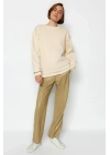 3 iplik şardonlu bisiklet yaka sweatshirt bej