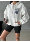 3 iplik şardonlu oversize compact kafa baskılı sweat beyaz
