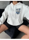 3 iplik şardonlu oversize compact kafa baskılı sweat beyaz