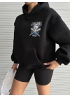 3 iplik şardonlu oversize compact kafa baskılı sweat siyah