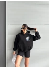 3 iplik şardonlu oversize compact kafa baskılı sweat siyah