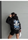 3 iplik şardonlu oversize compact kafa baskılı sweat siyah