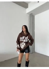 3 iplik şardonlu oversize compact out of baskılı sweat kahve
