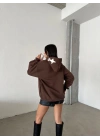3 iplik şardonlu oversize compact out of baskılı sweat kahve