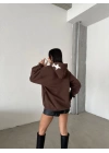 3 iplik şardonlu oversize compact out of baskılı sweat kahve