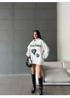 3 iplik şardonlu oversize compact true baskılı sweat Beyaz