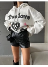 3 iplik şardonlu oversize compact true baskılı sweat Beyaz