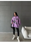 3 iplik şardonlu oversize compact true baskılı sweat mor
