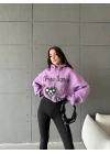 3 iplik şardonlu oversize compact true baskılı sweat mor