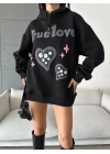 3 iplik şardonlu oversize compact true baskılı sweat siyah