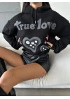 3 iplik şardonlu oversize compact true baskılı sweat siyah