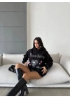 3 iplik şardonlu oversize compact true baskılı sweat siyah