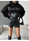 3 iplik şardonlu oversize compact true baskılı sweat siyah