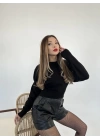 3914 TRİKO GENİŞ KOL CROP KAZAK-SİYAH