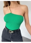 Ahşap Boncuk Detaylı Askılı Triko Bluz Yeşil - DF2303