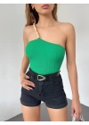 Ahşap Boncuk Detaylı Askılı Triko Bluz Yeşil - DF2303