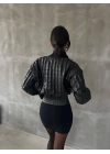 Beli büzgülü crop deri ceket siyah