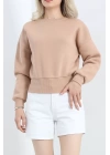 Bisiklet Yaka 3 İplik Crop Sweat Bej - 20968.1878.