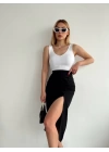 Büzgülü uzun yırtmaçlı midi boy etek siyah