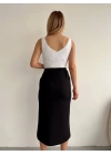 Büzgülü uzun yırtmaçlı midi boy etek siyah