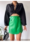 Cep detaylı oval kapaklı deri etek yeşil h240048