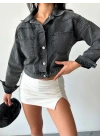 Çift cepli kol katlamalı süper taş enzim yıkama crop kot ceket füme d2000
