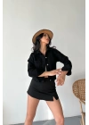 Çift cepli kol katlamalı süper taş enzim yıkamalı crop kot ceket siyah d2000