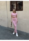 Çizgili etekli takım pembe s3609