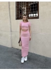 Çizgili etekli takım pembe s3609