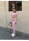 Çizgili etekli takım pembe s3609