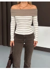 Çizgili madonna yaka kaşkorse bluz bej a844
