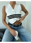 Çizgili Triko Crop Yelek Bluz Ekru - 1467.100