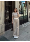 Crop pantolon biyeli takım bej