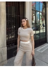 Crop pantolon biyeli takım bej