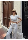 Crop pantolon biyeli takım gri