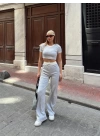 Crop pantolon biyeli takım gri